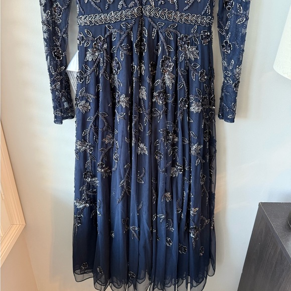 MAC DUGGAL Navy Beaded Illusion High Neck Long Sleeve A Line Dress NEW! S #10799 - Picture 12 of 13